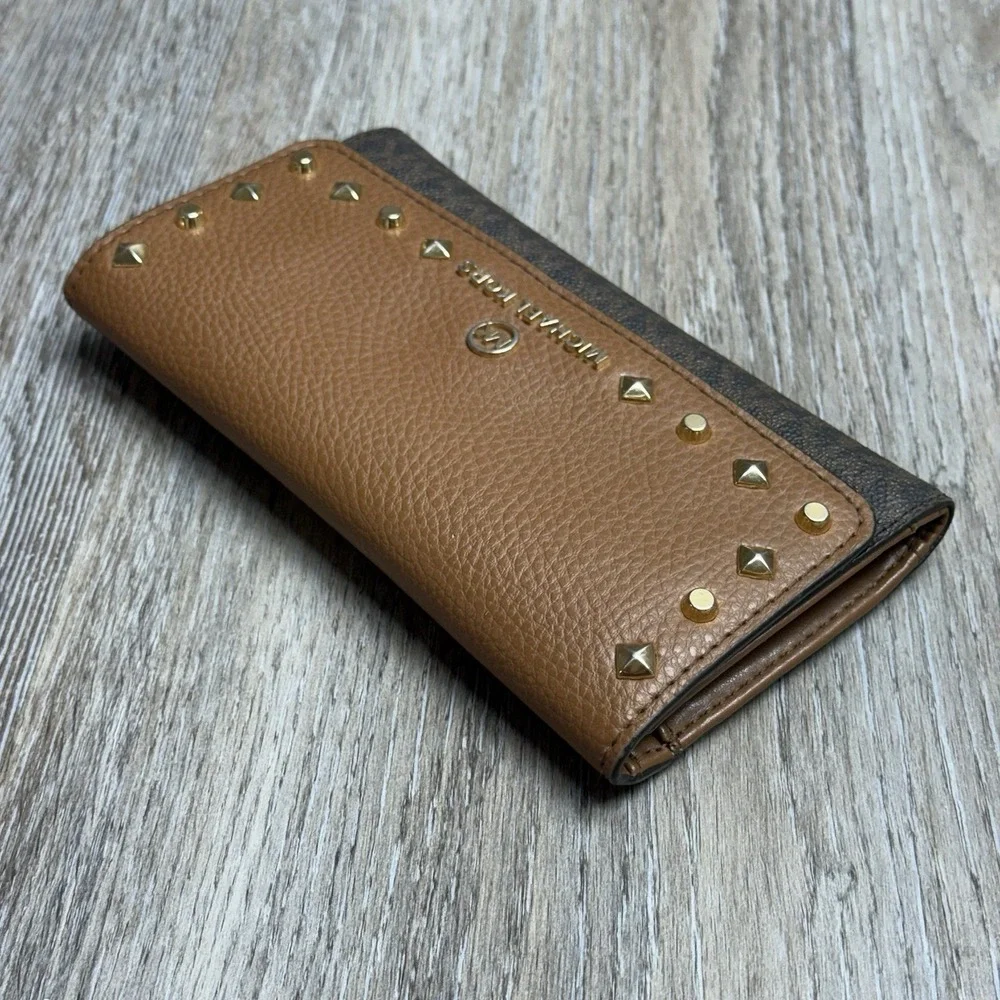Michael Kors Karla Large Trifold Wallet Tan Studded Faux Leather Logo